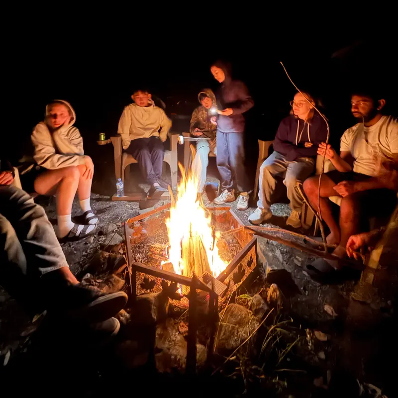 Friends in hoodies around a campfire at night